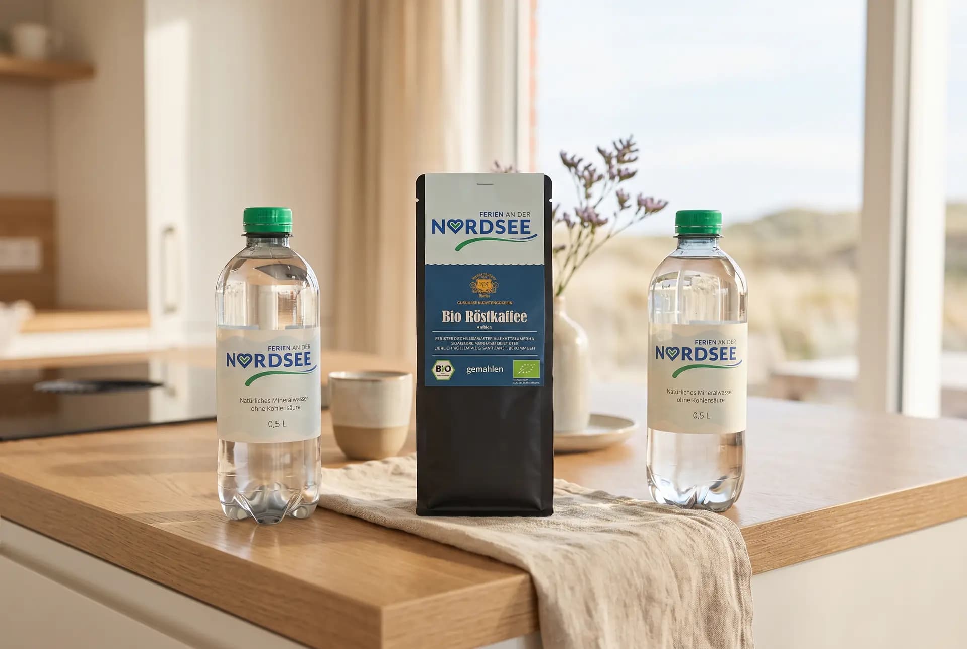 Zwei Flaschen Mineralwasser und eine Packung Bio-Röstkaffee der Husumer Kaffeerösterei mit dem Logo von Ferien an der Nordsee auf einer Küchenarbeitsplatte, dahinter ein Fenster mit Blick in die Dünen