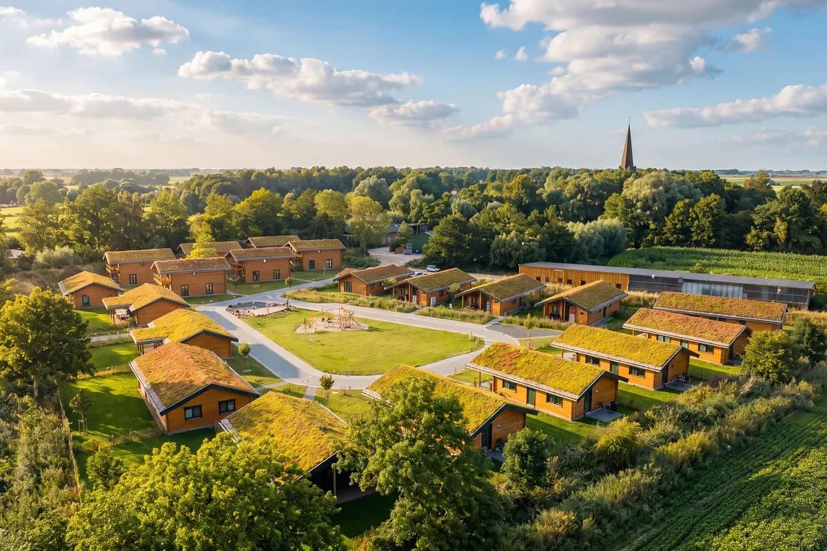 Luftbild der Ferienhaussiedlung WattWarft am Katinger Watt mit Spielwiese, ringsum Felder und Bäume auf Eiderstedt
