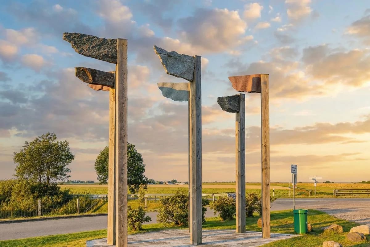 Skulptur der sieben Köge am Nordstrander Damm bei Sonnenuntergang