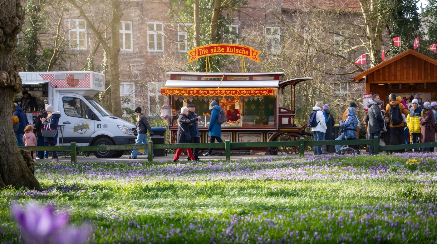 Marktstände und Besucher am Rand einer Wiese voller lila Krokusse